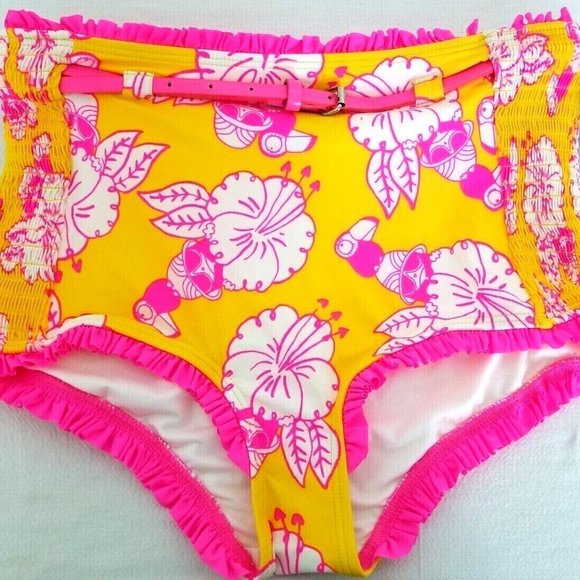 MARC JACOBS WHERE'S MY TOUCAN HIGH WAIST LEMON PINK BELTED BIKINI BOTTOM M NWT - Picture 1 of 5